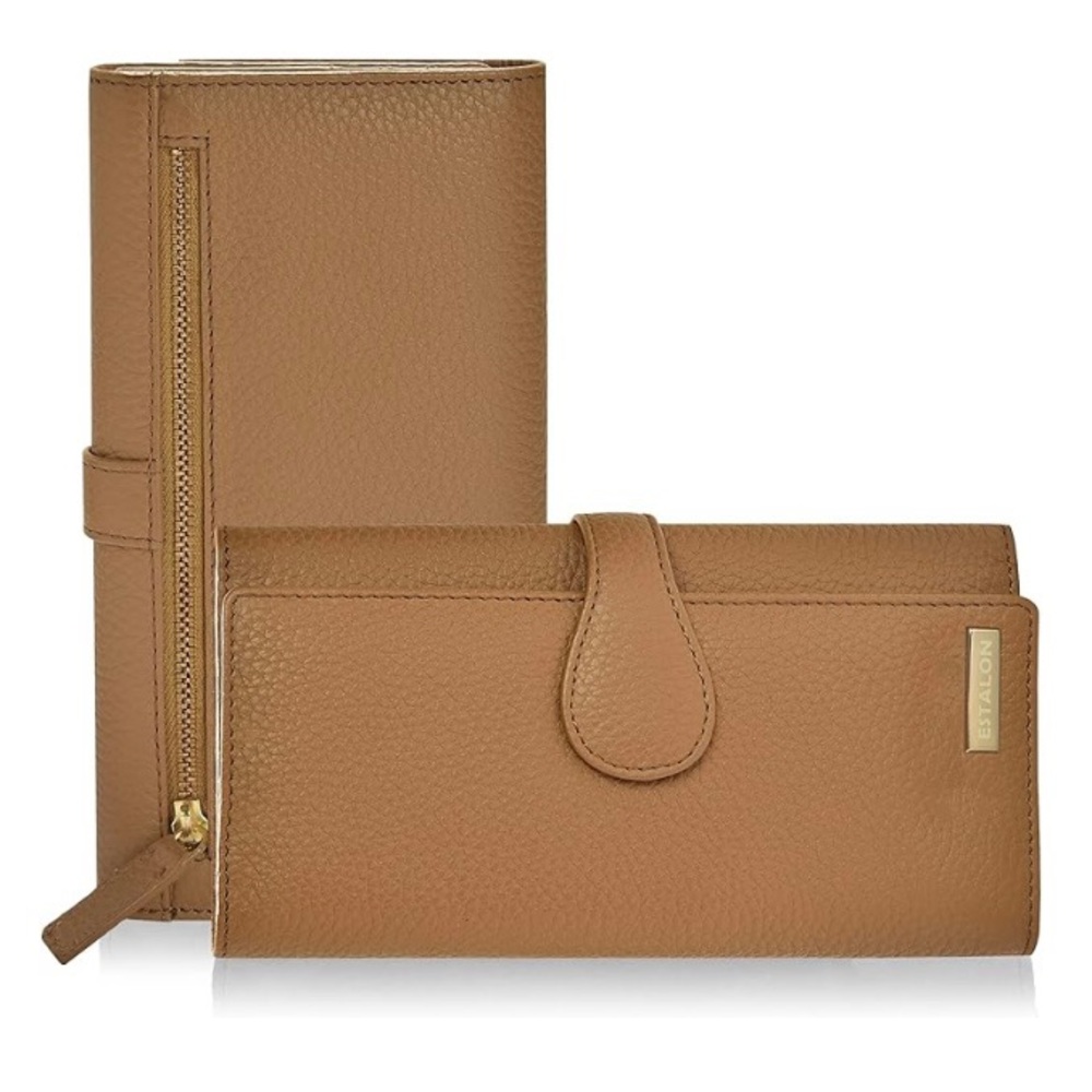 ESTALON Women’s Leather Trifold RFID Protected Wallet (Tan & Gold)